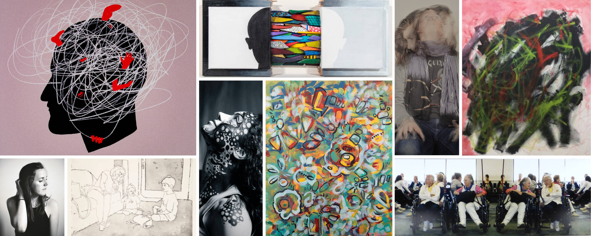 Collage of nine images from the GVSU Art Museum Collection relating to the theme of Mental Health and Wellness.